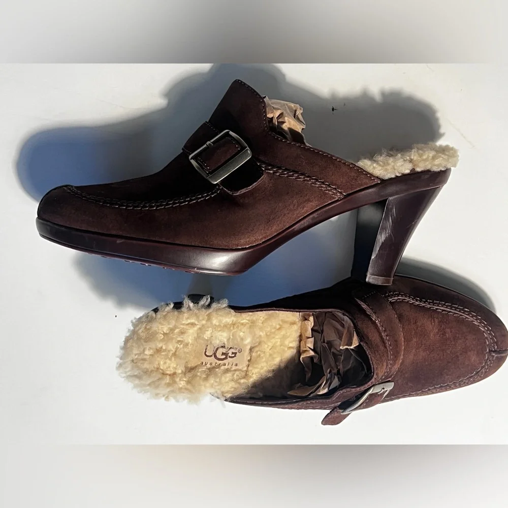 UGG Isabella Brown Suede Sheepskin Buckle Clog Block Heels